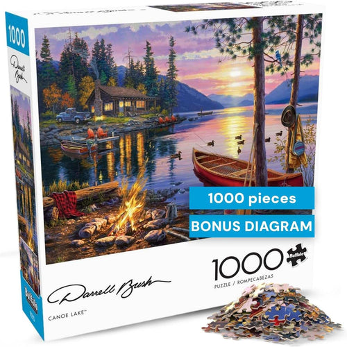 Canoe Lake 1000 Piece Puzzle featuring glowing sunset, lakeside cabin, red canoe, and campfire by Darrell Bush