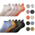 Set of 10 pairs kawaii short socks for women with embroidered smiling faces, cotton ankle length for spring and summer