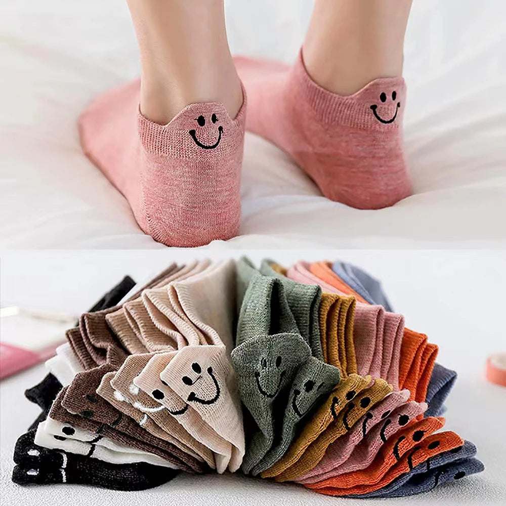 10 Pairs Kawaii Short Socks for Women Spring Summer Lovely Heel Embroidered Smiling Face Female Cotton Personality Ankle Socks
